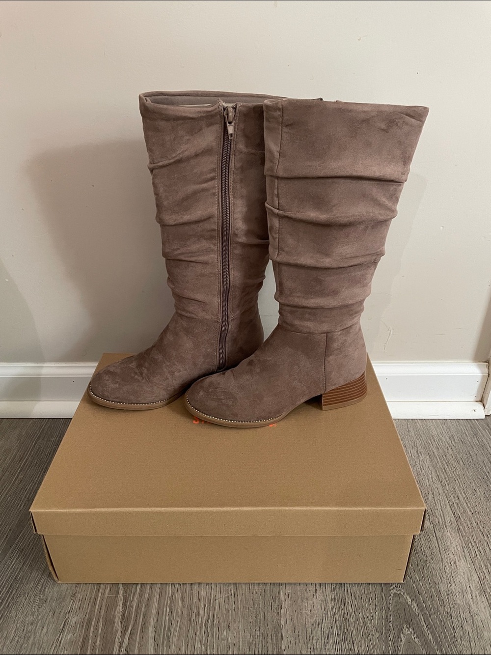 Steve Madden Taupe Suede Ruched Mid-Calf Boots